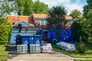 Supplies in place before a roof replacement in Baltimore County, Maryland.
